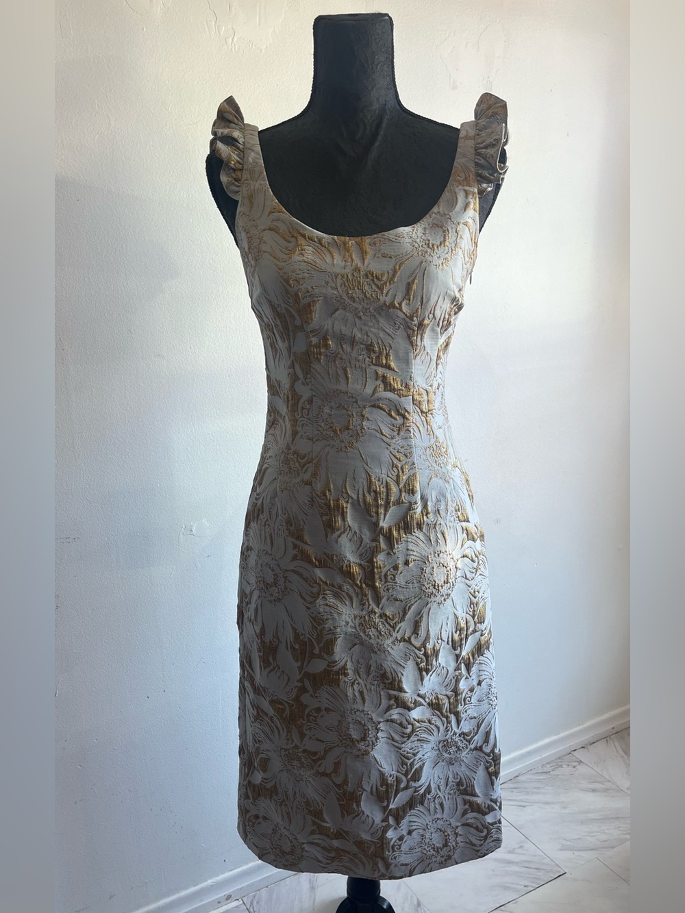 Floral Brocade Midi Dress in Silver and Gold